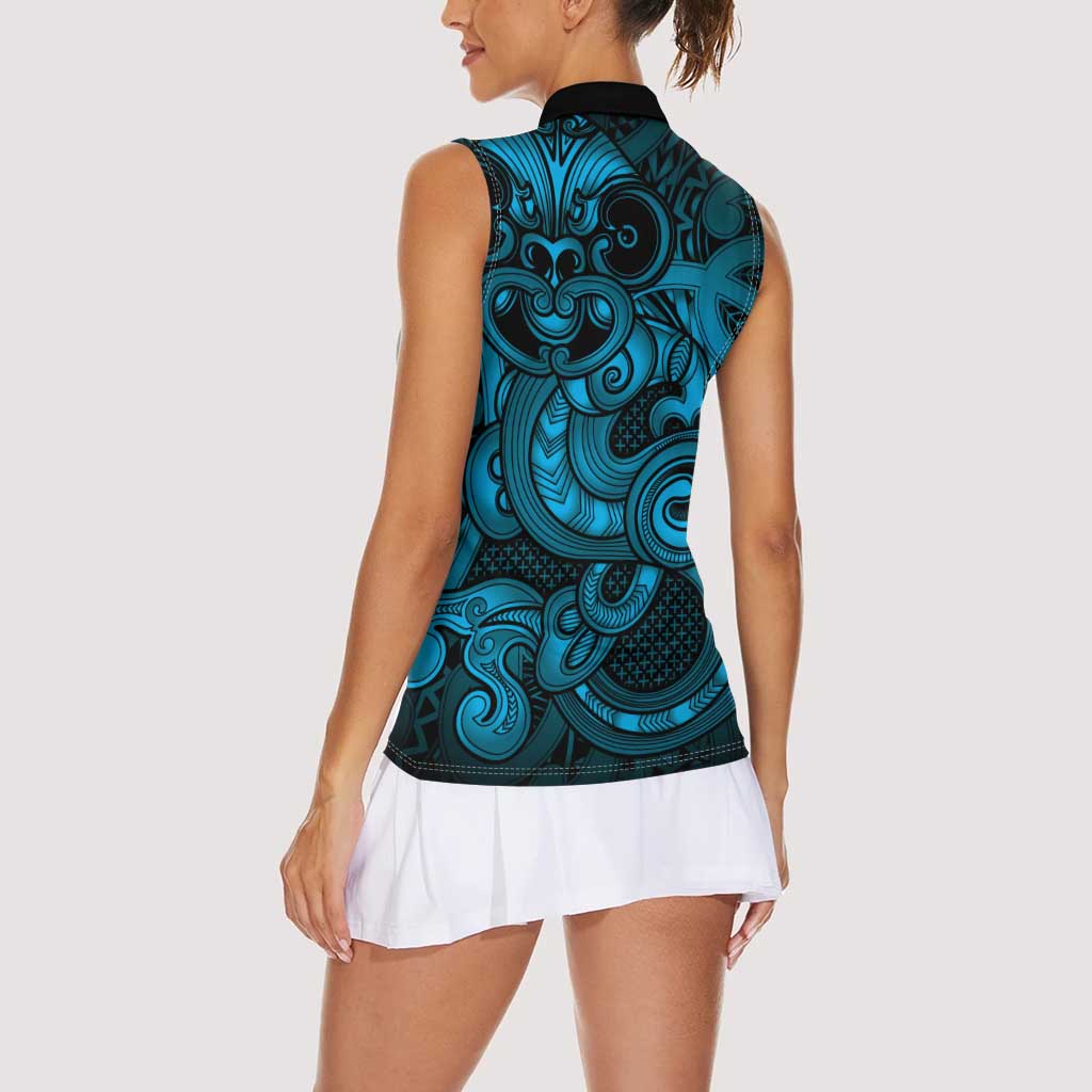 Aotearoa Maori Hei Tiki Women Sleeveless Polo Shirt Kikorangi Kowhaiwhai Puhoro Motif