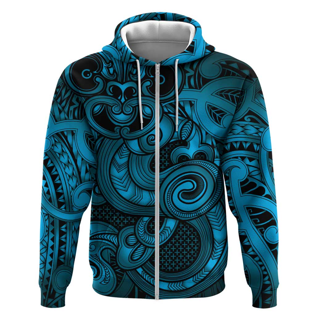 Aotearoa Maori Hei Tiki Zip Hoodie Kikorangi Kowhaiwhai Puhoro Motif