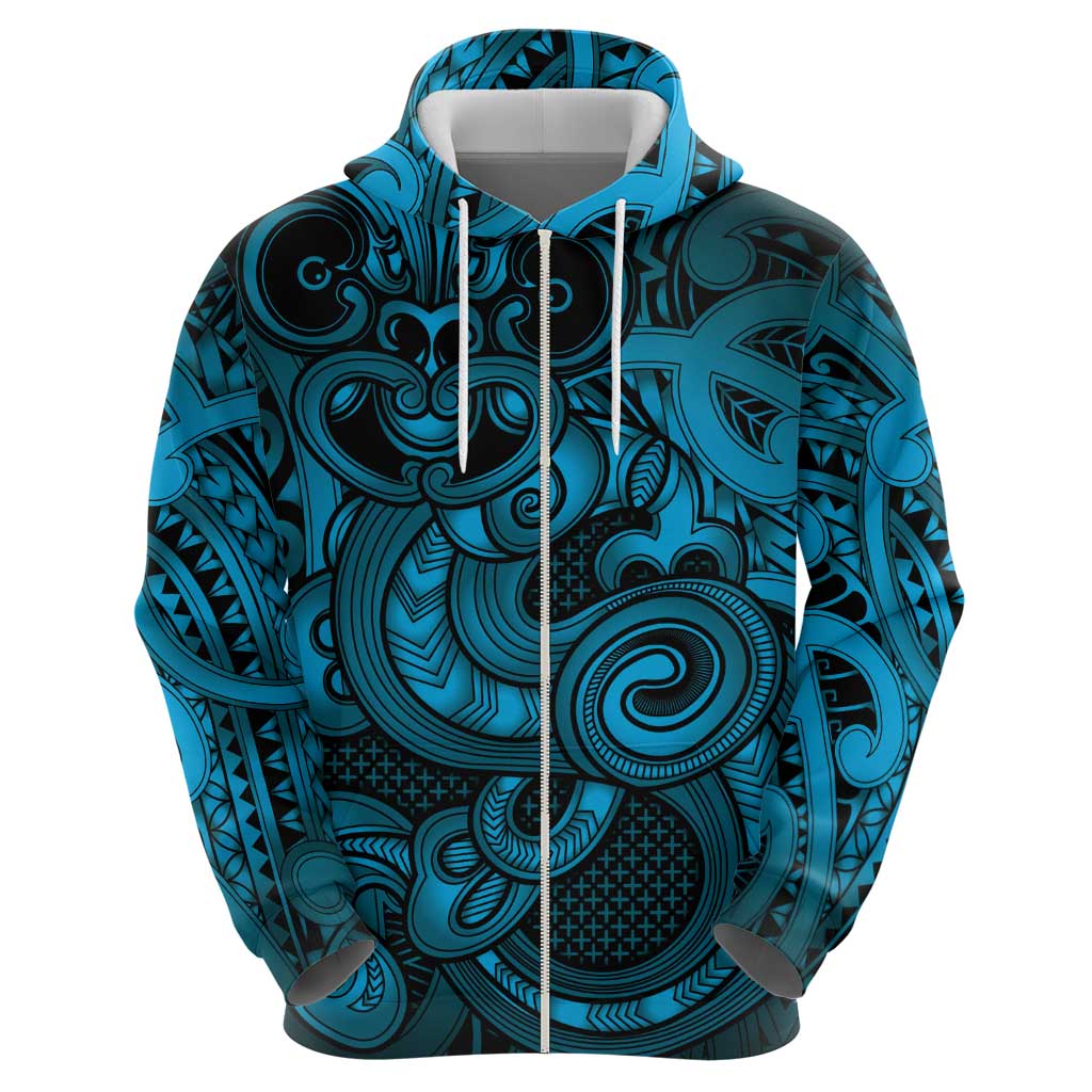 Aotearoa Maori Hei Tiki Zip Hoodie Kikorangi Kowhaiwhai Puhoro Motif