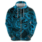 Aotearoa Maori Hei Tiki Zip Hoodie Kikorangi Kowhaiwhai Puhoro Motif