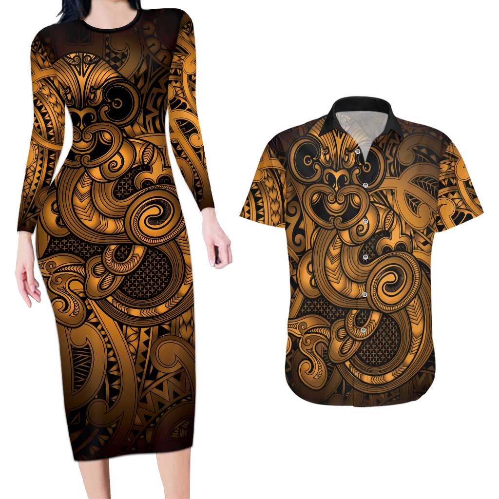 Aotearoa Maori Hei Tiki Couples Matching Long Sleeve Bodycon Dress and Hawaiian Shirt Koura Kowhaiwhai Puhoro Motif