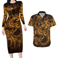 Aotearoa Maori Hei Tiki Couples Matching Long Sleeve Bodycon Dress and Hawaiian Shirt Koura Kowhaiwhai Puhoro Motif