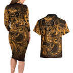 Aotearoa Maori Hei Tiki Couples Matching Long Sleeve Bodycon Dress and Hawaiian Shirt Koura Kowhaiwhai Puhoro Motif