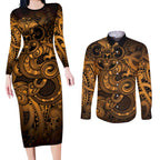 Aotearoa Maori Hei Tiki Couples Matching Long Sleeve Bodycon Dress and Long Sleeve Button Shirt Koura Kowhaiwhai Puhoro Motif