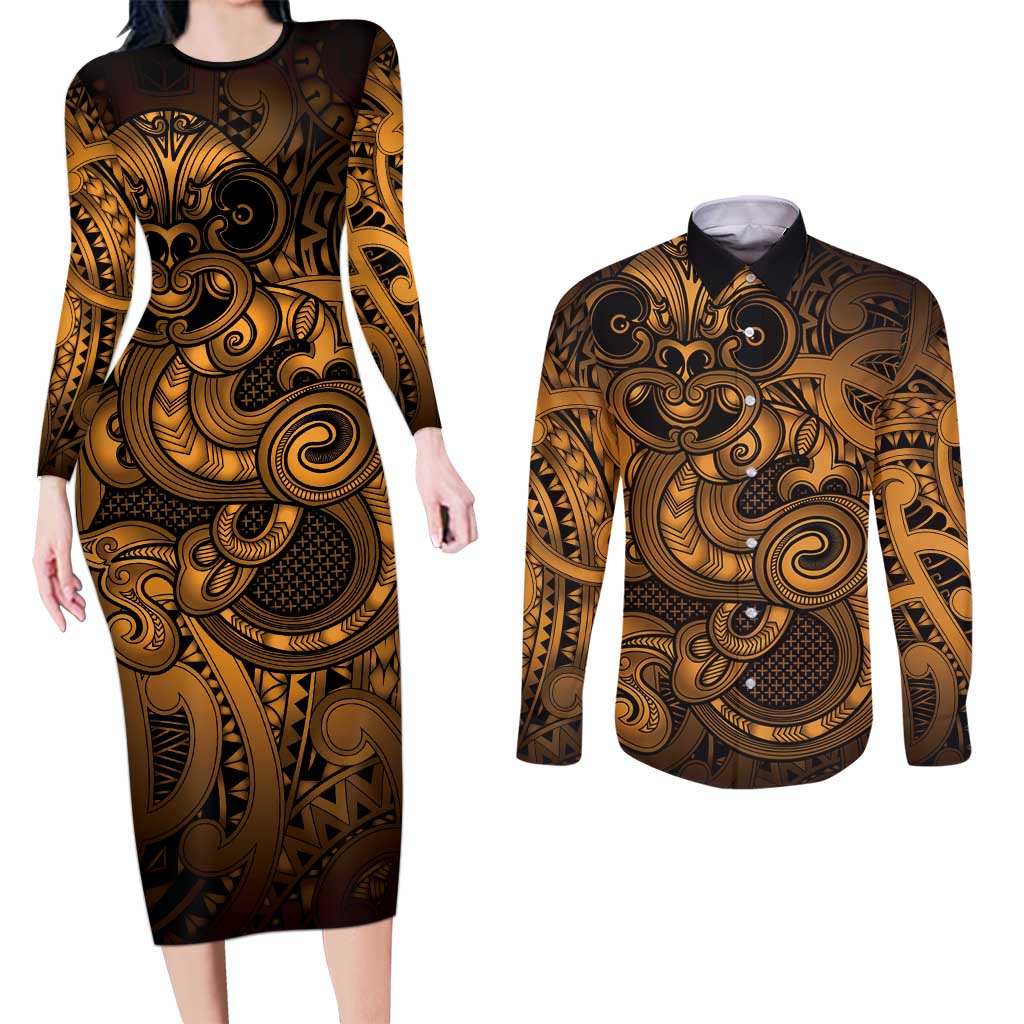 Aotearoa Maori Hei Tiki Couples Matching Long Sleeve Bodycon Dress and Long Sleeve Button Shirt Koura Kowhaiwhai Puhoro Motif