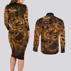 Aotearoa Maori Hei Tiki Couples Matching Long Sleeve Bodycon Dress and Long Sleeve Button Shirt Koura Kowhaiwhai Puhoro Motif