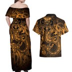 Aotearoa Maori Hei Tiki Couples Matching Off Shoulder Maxi Dress and Hawaiian Shirt Koura Kowhaiwhai Puhoro Motif