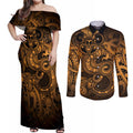 Aotearoa Maori Hei Tiki Couples Matching Off Shoulder Maxi Dress and Long Sleeve Button Shirt Koura Kowhaiwhai Puhoro Motif