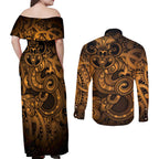 Aotearoa Maori Hei Tiki Couples Matching Off Shoulder Maxi Dress and Long Sleeve Button Shirt Koura Kowhaiwhai Puhoro Motif