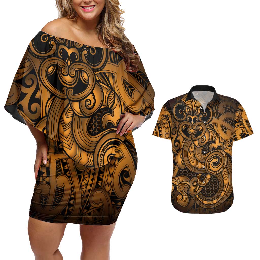 Aotearoa Maori Hei Tiki Couples Matching Off Shoulder Short Dress and Hawaiian Shirt Koura Kowhaiwhai Puhoro Motif