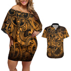 Aotearoa Maori Hei Tiki Couples Matching Off Shoulder Short Dress and Hawaiian Shirt Koura Kowhaiwhai Puhoro Motif