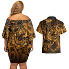 Aotearoa Maori Hei Tiki Couples Matching Off Shoulder Short Dress and Hawaiian Shirt Koura Kowhaiwhai Puhoro Motif