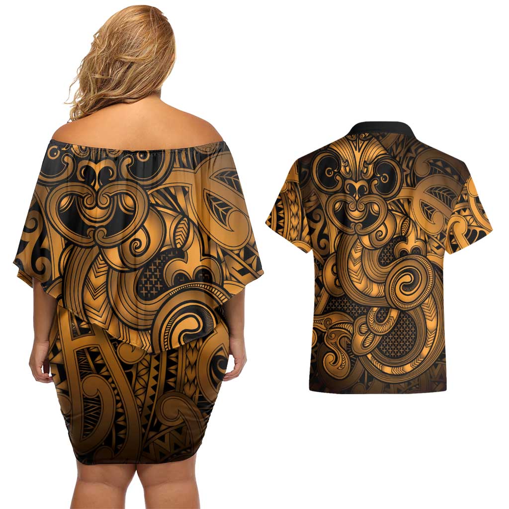 Aotearoa Maori Hei Tiki Couples Matching Off Shoulder Short Dress and Hawaiian Shirt Koura Kowhaiwhai Puhoro Motif