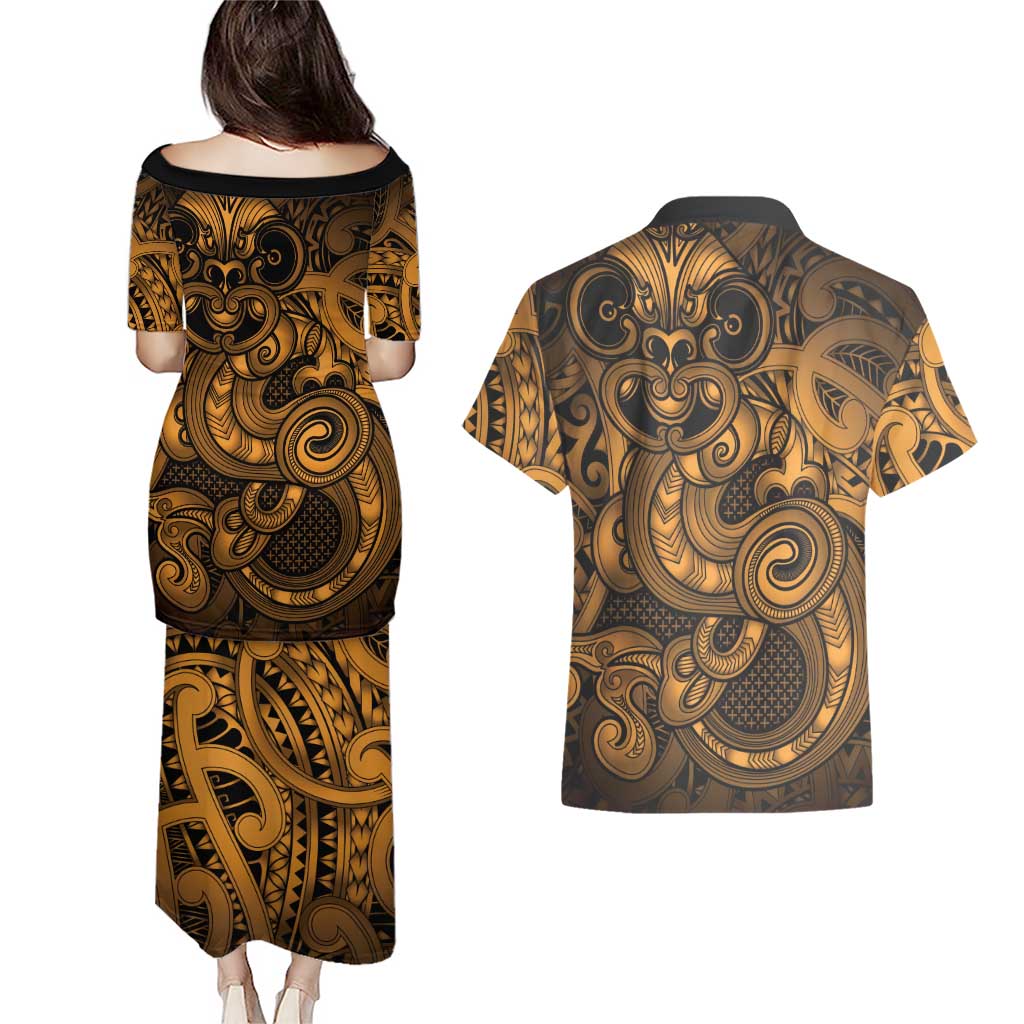 Aotearoa Maori Hei Tiki Couples Matching Puletasi and Hawaiian Shirt Koura Kowhaiwhai Puhoro Motif