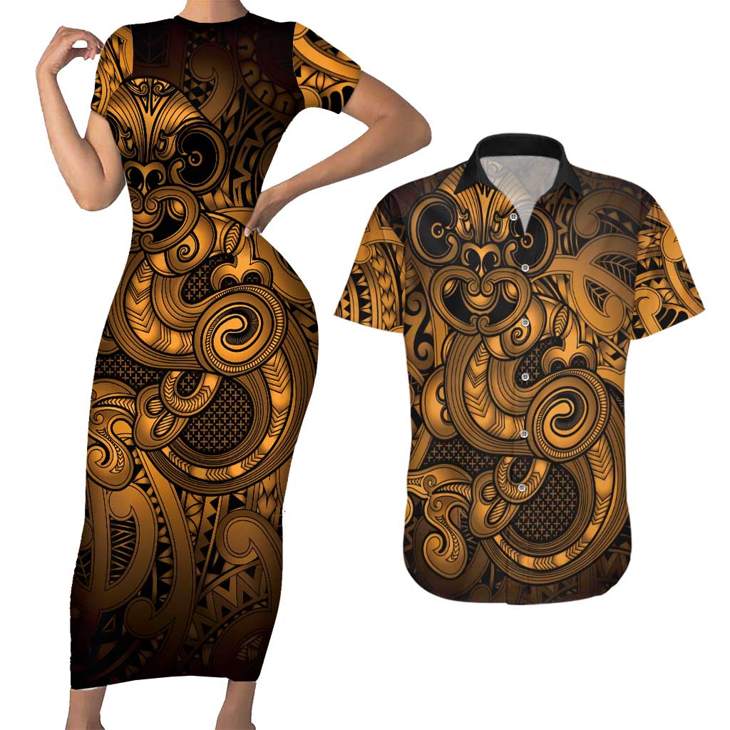 Aotearoa Maori Hei Tiki Couples Matching Short Sleeve Bodycon Dress and Hawaiian Shirt Koura Kowhaiwhai Puhoro Motif