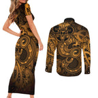 Aotearoa Maori Hei Tiki Couples Matching Short Sleeve Bodycon Dress and Long Sleeve Button Shirt Koura Kowhaiwhai Puhoro Motif