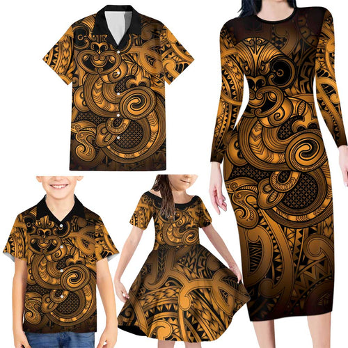 Aotearoa Maori Hei Tiki Family Matching Long Sleeve Bodycon Dress and Hawaiian Shirt Koura Kowhaiwhai Puhoro Motif