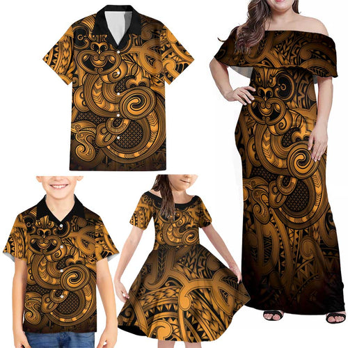 Aotearoa Maori Hei Tiki Family Matching Off Shoulder Maxi Dress and Hawaiian Shirt Koura Kowhaiwhai Puhoro Motif