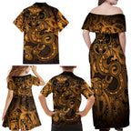 Aotearoa Maori Hei Tiki Family Matching Off Shoulder Maxi Dress and Hawaiian Shirt Koura Kowhaiwhai Puhoro Motif