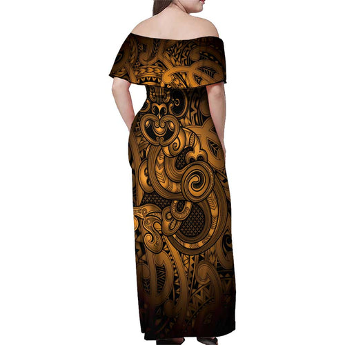 Aotearoa Maori Hei Tiki Family Matching Off Shoulder Maxi Dress and Hawaiian Shirt Koura Kowhaiwhai Puhoro Motif