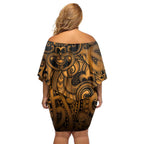 Aotearoa Maori Hei Tiki Family Matching Off Shoulder Short Dress and Hawaiian Shirt Koura Kowhaiwhai Puhoro Motif