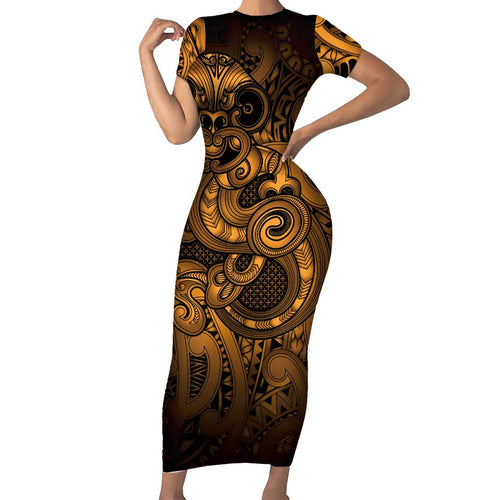 Aotearoa Maori Hei Tiki Family Matching Short Sleeve Bodycon Dress and Hawaiian Shirt Koura Kowhaiwhai Puhoro Motif