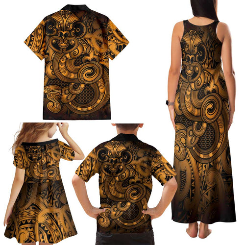 Aotearoa Maori Hei Tiki Family Matching Tank Maxi Dress and Hawaiian Shirt Koura Kowhaiwhai Puhoro Motif