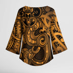 Aotearoa Maori Hei Tiki Kimono Sleeve Blouse Koura Kowhaiwhai Puhoro Motif