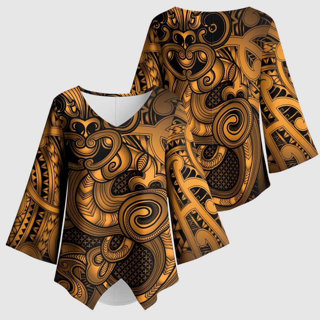 Aotearoa Maori Hei Tiki Kimono Sleeve Blouse Koura Kowhaiwhai Puhoro Motif