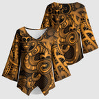 Aotearoa Maori Hei Tiki Kimono Sleeve Blouse Koura Kowhaiwhai Puhoro Motif