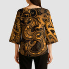 Aotearoa Maori Hei Tiki Kimono Sleeve Blouse Koura Kowhaiwhai Puhoro Motif