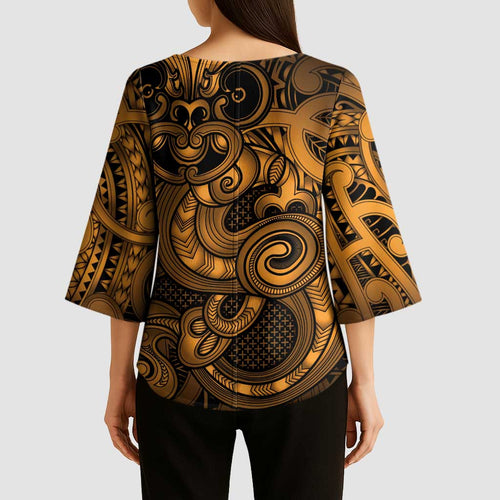 Aotearoa Maori Hei Tiki Kimono Sleeve Blouse Koura Kowhaiwhai Puhoro Motif