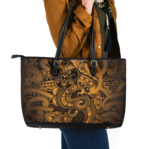 Aotearoa Maori Hei Tiki Leather Tote Bag Koura Kowhaiwhai Puhoro Motif