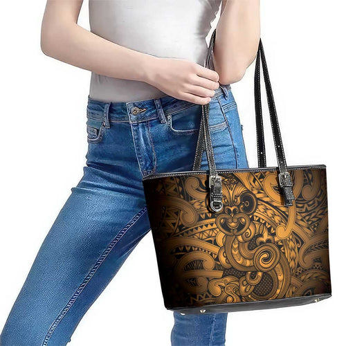Aotearoa Maori Hei Tiki Leather Tote Bag Koura Kowhaiwhai Puhoro Motif