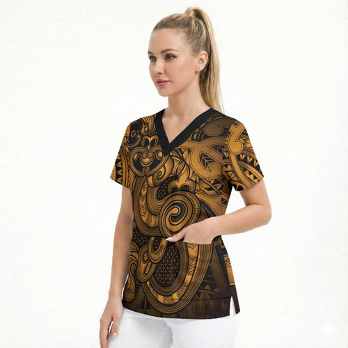Aotearoa Maori Hei Tiki Scrub Top Koura Kowhaiwhai Puhoro Motif