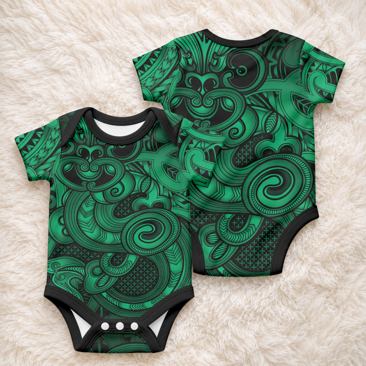 Aotearoa Maori Hei Tiki Baby Onesie Kakariki Kowhaiwhai Puhoro Motif
