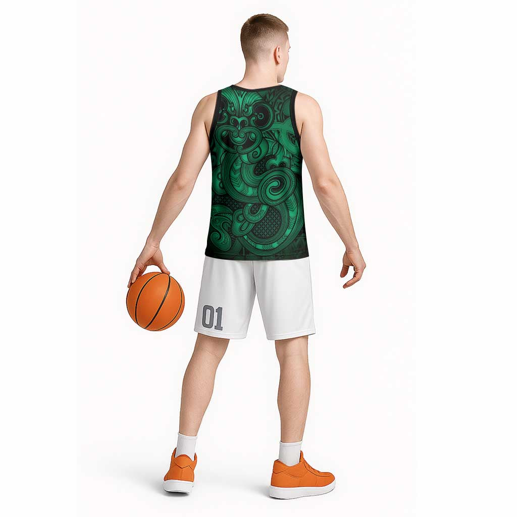 Aotearoa Maori Hei Tiki Basketball Jersey Kakariki Kowhaiwhai Puhoro Motif