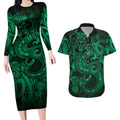 Aotearoa Maori Hei Tiki Couples Matching Long Sleeve Bodycon Dress and Hawaiian Shirt Kakariki Kowhaiwhai Puhoro Motif