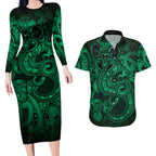 Aotearoa Maori Hei Tiki Couples Matching Long Sleeve Bodycon Dress and Hawaiian Shirt Kakariki Kowhaiwhai Puhoro Motif