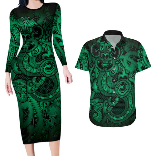 Aotearoa Maori Hei Tiki Couples Matching Long Sleeve Bodycon Dress and Hawaiian Shirt Kakariki Kowhaiwhai Puhoro Motif