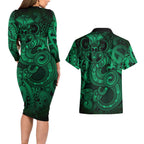 Aotearoa Maori Hei Tiki Couples Matching Long Sleeve Bodycon Dress and Hawaiian Shirt Kakariki Kowhaiwhai Puhoro Motif