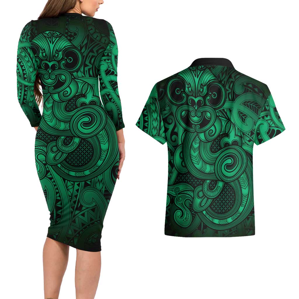 Aotearoa Maori Hei Tiki Couples Matching Long Sleeve Bodycon Dress and Hawaiian Shirt Kakariki Kowhaiwhai Puhoro Motif
