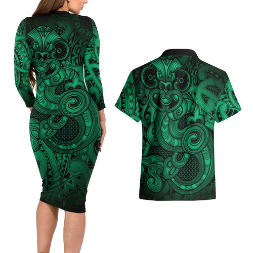 Aotearoa Maori Hei Tiki Couples Matching Long Sleeve Bodycon Dress and Hawaiian Shirt Kakariki Kowhaiwhai Puhoro Motif