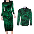 Aotearoa Maori Hei Tiki Couples Matching Long Sleeve Bodycon Dress and Long Sleeve Button Shirt Kakariki Kowhaiwhai Puhoro Motif