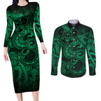 Aotearoa Maori Hei Tiki Couples Matching Long Sleeve Bodycon Dress and Long Sleeve Button Shirt Kakariki Kowhaiwhai Puhoro Motif