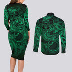 Aotearoa Maori Hei Tiki Couples Matching Long Sleeve Bodycon Dress and Long Sleeve Button Shirt Kakariki Kowhaiwhai Puhoro Motif