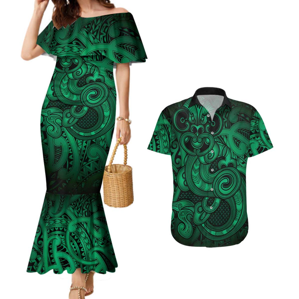 Aotearoa Maori Hei Tiki Couples Matching Mermaid Dress and Hawaiian Shirt Kakariki Kowhaiwhai Puhoro Motif