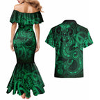 Aotearoa Maori Hei Tiki Couples Matching Mermaid Dress and Hawaiian Shirt Kakariki Kowhaiwhai Puhoro Motif