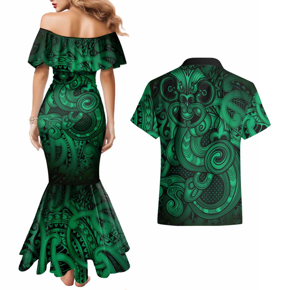 Aotearoa Maori Hei Tiki Couples Matching Mermaid Dress and Hawaiian Shirt Kakariki Kowhaiwhai Puhoro Motif