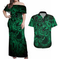 Aotearoa Maori Hei Tiki Couples Matching Off Shoulder Maxi Dress and Hawaiian Shirt Kakariki Kowhaiwhai Puhoro Motif